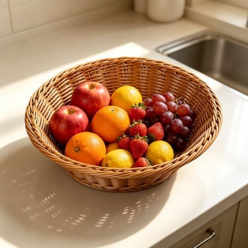 RT&BS 2pcs Round Wicker Bread Basket, Round Wicker Fruit Basket, Woven Egg Baskets, Reusable Handwoven Storage Baskets for Living Room, Kitchen, Store, Restaurant, Outdoor, Party (Brown, S) - Image 4