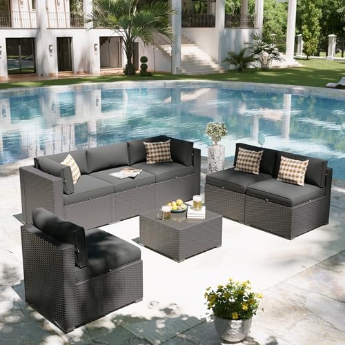 Aoxun Patio Furniture Set, 7 Piece Outdoor Sectional Sofas with Think Cushions, Wicker Rattan Outdoor Furniture Patio Conversation Set for Backyard, Garden Dark Grey - Image 6