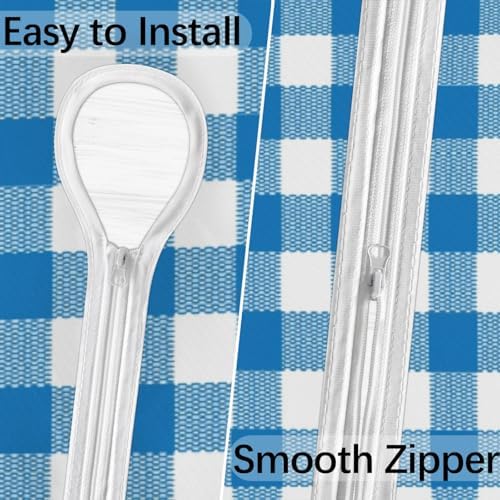 Fitted Round Tablecloth with Umbrella Hole and Zipper Buffalo Plaid Outdoor Elastic Table Cloth 45"-56" Oil-Proof Waterproof Patio Table Cover for Dining Picnic Party, Blue and White - Image 3