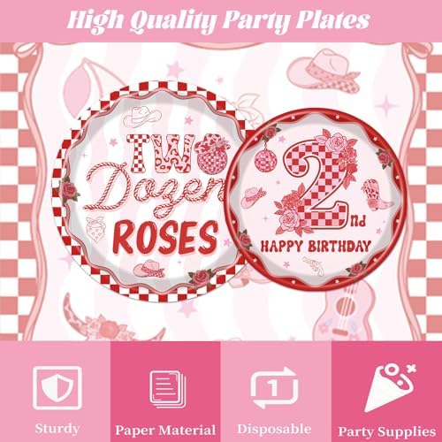 Two Dozen Roses 2nd Birthday Theme Decorations, 96PCS 2nd Birthday Disposable Paper Plates and Napkins Party Decorations for Girl, Pink Floral Western Theme Forks Tableware Set Serves 24 - Image 4