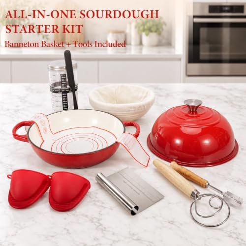 Enameled Cast Iron Dutch Oven 5.5QT with Lid - Complete Sourdough Bread Baking Kit (Banneton Basket, Dough Tools, Silicone Sling) for Artisan Bread - Image 4