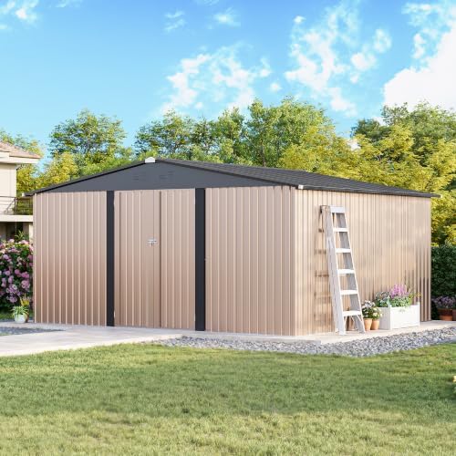 MXV 14 x 12FT Outdoor Storage Shed, Metal Garden Shed with Windows, Double Lockable Doors & Sloped Roof, Tool Sheds for Backyard Garden Patio Lawn, Brown - Image 3