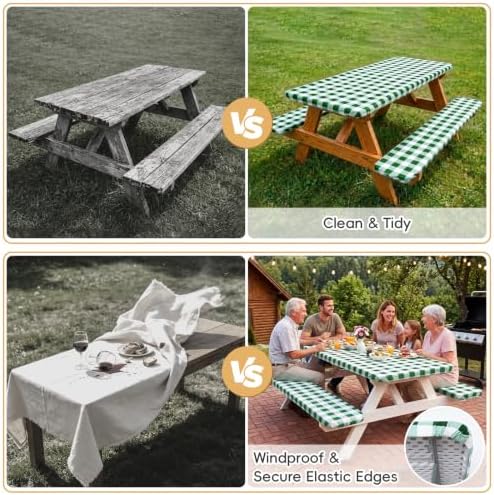 SquarePie 6FT Picnic Table Cover with Bench Covers, 3 Pack, Green Checkered - Image 5