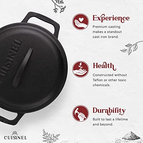 Cuisinel Cast Iron Dutch Oven - 5-Quart Deep Pot + Lid + Pan Scraper + Handle Cover Grips - Large Pre-Seasoned Cooker for Baking Bread, Soup, Frying - Indoor/Outdoor Kitchen, Camping, Fire, BBQ Safe - Image 3