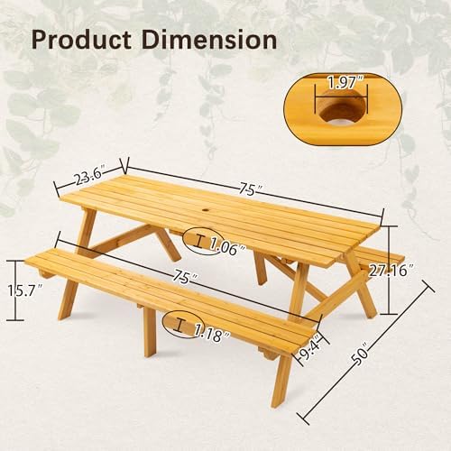 75" Rectangular Outdoor Picnic Table with Built-in Benches & Umbrella Hole,8-Person Heavy-Duty Solid Wood Dining Table,2220lb Capacity Natural for Camping, Garden & BBQ Social Events - Image 2