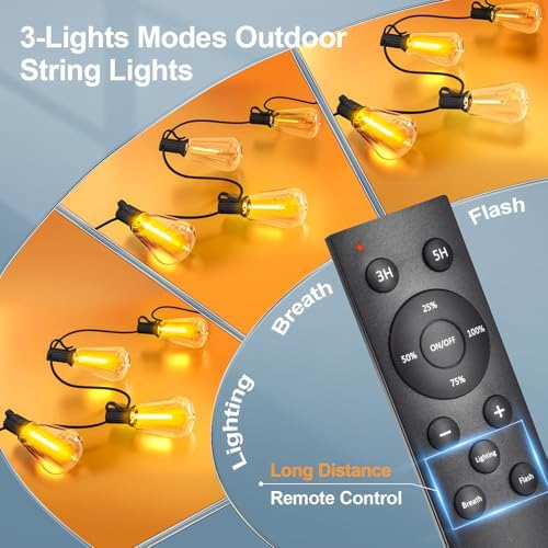 Outdoor String Led Patio Lights - 50Ft 15M Outside Waterproof Light With Remote Dimmable ST38 Shatterproof Bulb Connectable Hanging Outdoor Electric Lighting For Backyard Yard Gazebo Porch Party - Image 2