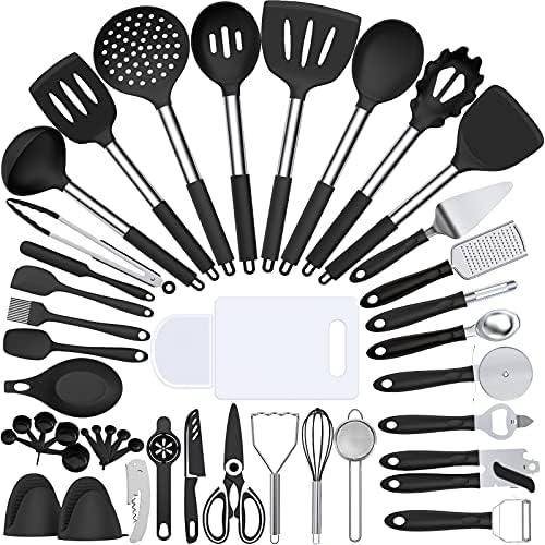 Silicone Cooking Kitchen Utensil Set, Umite Chef 43 PCS Heat Resistant Kitchen Utensils Gadget Set-Stainless Steel Handle- Kitchen Spatula Tools for Nonstick Cookware, Kitchen Accessories(Black) by UmiteChef