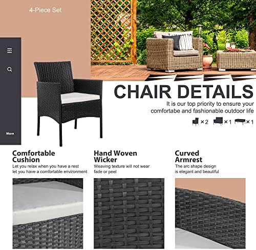 Shintenchi 4 Piece Outdoor Patio Furniture Sets, Small Wicker Patio Conversation Furniture Rattan Chair Set with Tempered Glass Coffee Table for Backyard Porch Garden Poolside Balcony,Black - Image 5