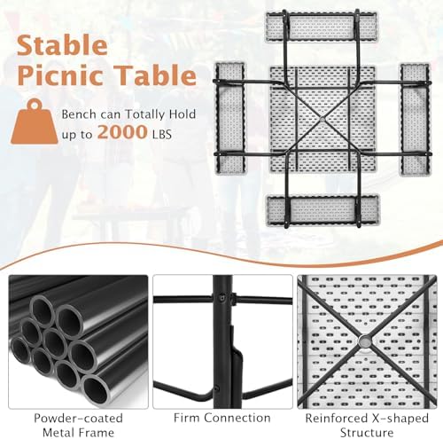 Moccha Picnic Table Bench Set - Outdoor Table and Chairs with Umbrella Hole, HDPE Tabletop & Metal Frame, 500LBS Capacity, Outdoor Camping Table for Garden Backyard Porch Patio Table Set (White) - Image 5