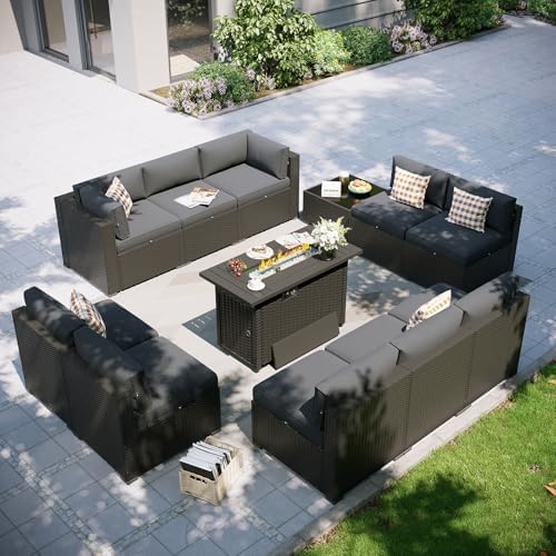 Aoxun Patio Furniture Set with Fire Pit Table, 12 Piece Outdoor Sectional Sofas, 10 Seats Wicker Rattan Outdoor Furniture with Thickened Cushion for Backyard, Garden Dark Grey by Aoxun
