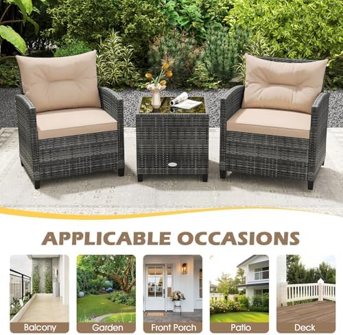 RELAX4LIFE 3 Piece Patio Furniture Set, Wicker Bistro Conversation Set w/2 Cushioned Armchairs & Glass Topped Table, Outdoor Rattan Sofa Set Patio Furniture for Porch Balcony Poolside (Grey-Beige) - Image 7