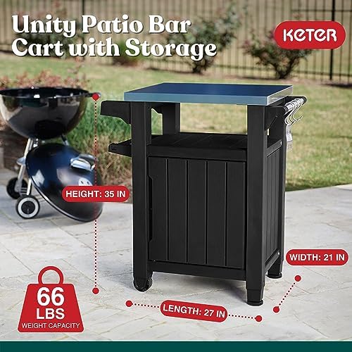 Keter Unity Small 40 Gallon Grill Prep Table and Storage Cart, Grey – BBQ Station with Wheels and Stainless Steel Top, Portable Serving Stand for Patio, Deck, and Backyard - Image 2