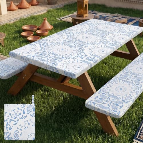 Picnic Table Cover with Bench Covers Portable Table Cloth Built-in Storage Pocket Picnic Table Covers With Elastic Waterproof Camping Essentials for RV Camping by pickyNproud