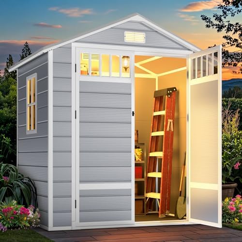 DWVO 6x4.4 FT Resin Storage Shed with Fence-Style and Side Windows, Lockable Door, and Vents for Garden, Backyard, Patio, Lawn, Gray by DWVO