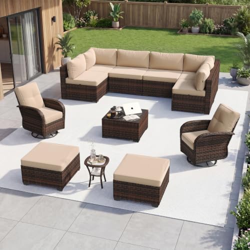Aoxun 12 Piece Outdoor Patio Furniture Set with Coffee Table, Wicker Rattan Outdoor Furniture with High Back Swivel Rocker Chairs, Outdoor Conversation Set with Thick Cushion & Ottoman, Beige by Aoxun