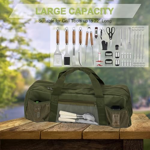 22" Upgraded Grill Tools Storage Bag, BBQ Utensil Holder with Pockets, Carry Bag for Outdoor Camping & Hiking BBQ, Gift for Men, Green - Image 6