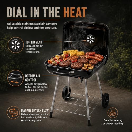 17.5-Inch Charcoal Kettle Grill with Wheels, 302 Sq In Grate - Image 6