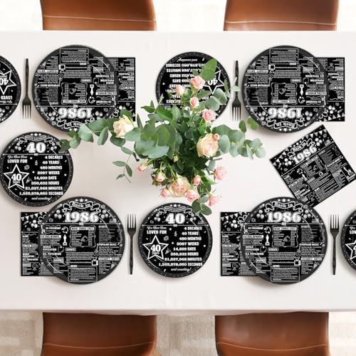 96PCS 40th Birthday Party Paper Plates and Napkins Retro 40th Supplies Men and Women Back in 1986 Black Tableware Set for 40 Years Old Themed Birthday Gatherings Decorations - Image 5