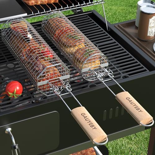 Rolling Grill Basket, 2PCS Grill Baskets for Outdoor Grill, REMOVABLE HANDLE, Anti-Scorch Stainless Steel BBQ Net Tube for Meat, Shrimp, Vegetables, BBQ Gifts for Dad, Husband (Octagon+Round) by GAUYEBY
