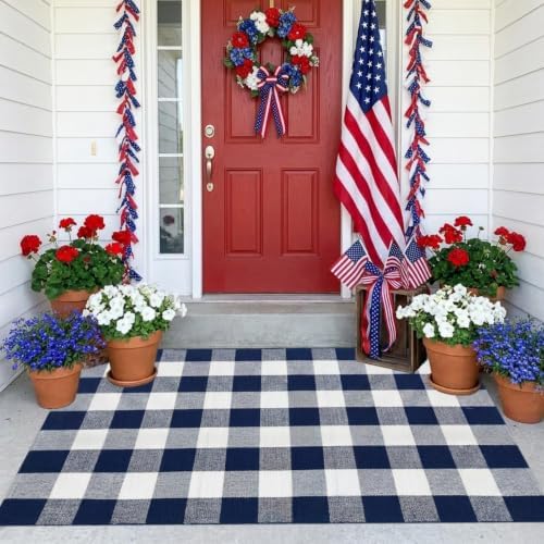 SEEKSEE Buffalo Plaid Outdoor Rug 3' x 5' Navy Blue and White Front Door Mat, Layering Rug for Porch, Washable Doormat, Front Porch Rug for Outdoor Entrance Entryway Patio Porch Decor - Image 3