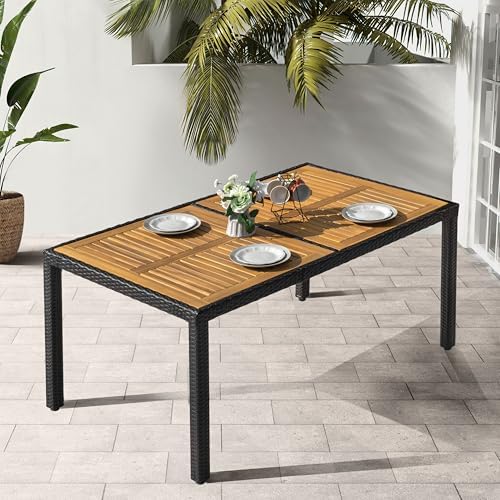 NUU GARDEN 59 x 35 Inch Outdoor Patio Dining Table for 6, Acacia Wood Slatted Tabletop with Rattan Wrapped Metal Frame, All Weather Outdoor Table for Garden Backyard Lawn, Black by NUUGARDENCORPORATION