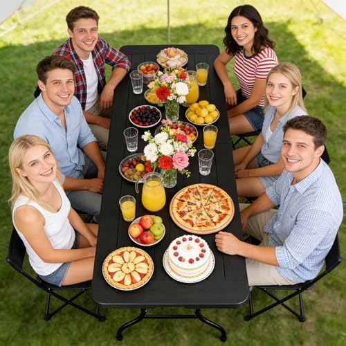 SUPER DEAL 8FT Folding Picnic Table for Indoor Outdoor, Portable Fold-in-Half Plastic Dining Camping Party Table with Carrying Handle, Black - Image 2