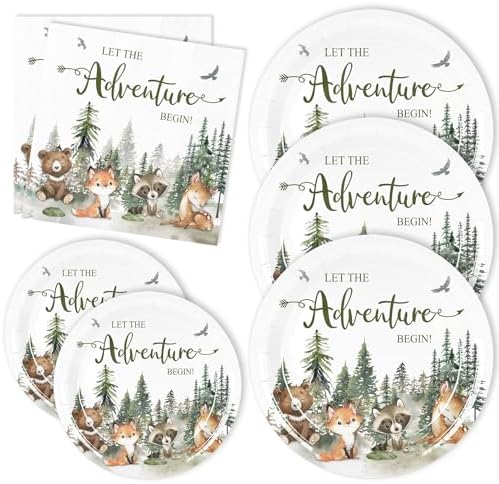 Whaline 72Pcs Let The Adventure Begin Party Supplies Woodland Forest Animal Disposable Tableware Set Paper Plates Napkins for Baby Shower Neutral Adventure Birthday, Serves 24 by Whaline