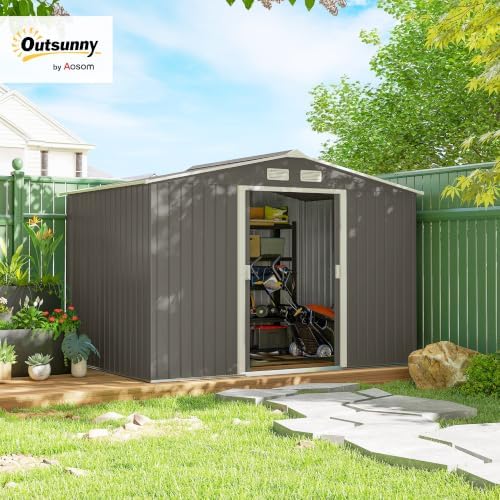 Outsunny 9' x 6' Outdoor Storage Shed Garden Tool Metal Shed Light Gray - Image 2