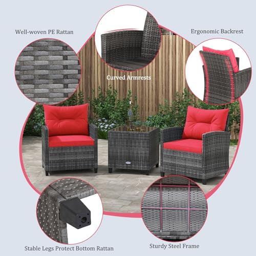 KOTEK 3 Piece Patio Furniture Set, Outdoor PE Rattan Conversation Set with Washable Cushions & Tempered Glass Tabletop, Wicker Chairs and Table Set for Porch, Garden, Balcony (Red) - Image 3