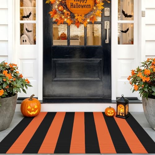 IOHOUZE Fall Striped Outdoor Door Mat 27.5x43, Washable, Orange Black by iOhouze