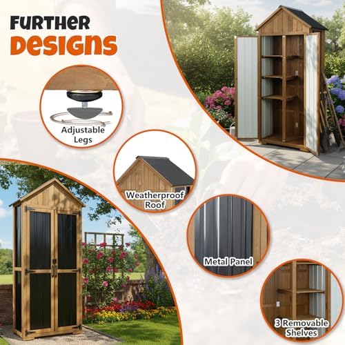 Outdoor Storage Cabinet with Shelves, Wood & Metal Storage Shed with Weatherproof Roof, 3 Removable Shelves, Double Lockable Doors, Adjustable Feet, Outside Storage Cabinet for Garage,Backyard, Patio - Image 3