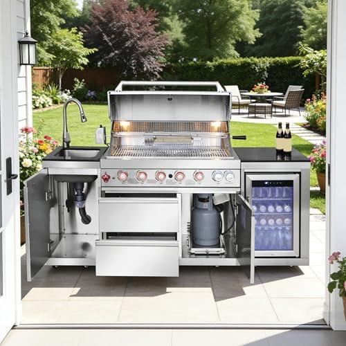 82.5'' All-In-One Outdoor Kitchen Island, 6 Burners, 83500 BTU, Silver by Unknown