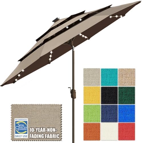 EliteShade USA 10-Year-Non-Fading 9ft 3-Tier Market Patio Umbrella, Commercial Table Umbrella with 80 Solar LED Lights, Crank Open, Windproof & UPF 50+ UV Protection for Garden, Deck, Pool, Backyard, Mushroom by EliteShade