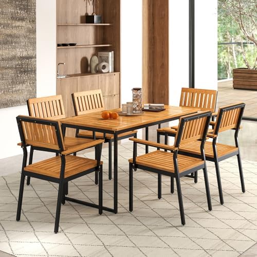 Tangkula 7 Piece Outdoor Dining Set for 6, Acacia Wood Rectangular Dining Table & 6 Armchairs w/Metal Frame, Umbrella Hole, Farmhouse Dining Furniture Set for Garden Porch Poolside Yard - Image 2