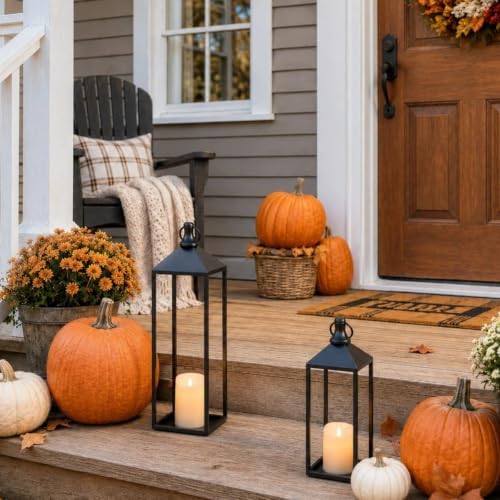 Lanterns Decorative Outdoor Indoor, 17" 13" Set of 2 Black Candle Lanterns - Image 3