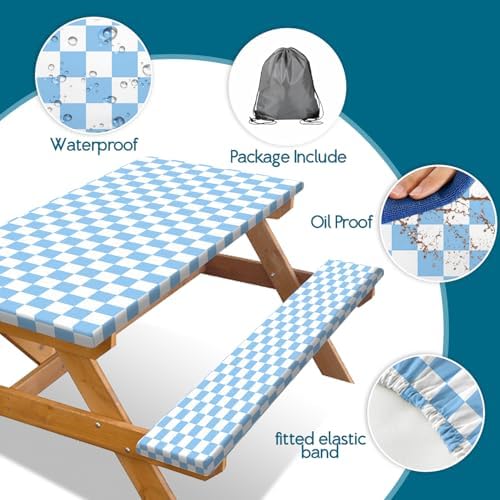 Picnic Table Cover with Bench Covers and Bag, Blue and White Checkered Gingham Buffalo Plaid Camping Tablecloth Waterproof Windproof Elastic Edges Fitted Tablecloths for Outdoor Garden 3PCS 30x72 Inch - Image 7