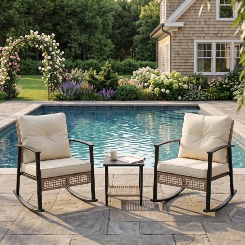TARKARI 3-Piece Patio Rocking Chairs Set of 2, Rocking Chair Bistro Set [Upgraded 2.0] & 2-Tier Coffee Table, Wicker Rocking Chair Outdoor Patio Furniture Set for Backyard, Porch, Balcony (Beige) by Home