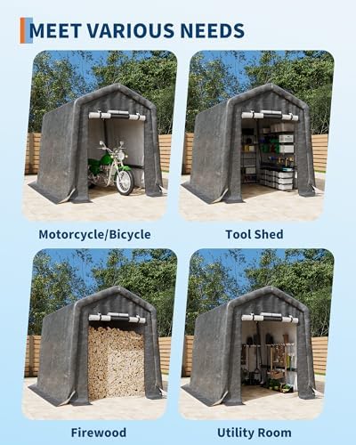 GarveeLife Outdoor Portable Storage Shed with Roll-Up Door & Vent, 240G Heavy-Duty Shelter Waterproof PE Tarp, UV-Resistant Storage Sheds for Motorcycle, Firewood, Garden and Tools (Gray, 6'x6') - Image 4