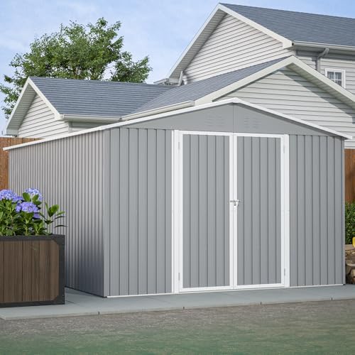 YOPTO 10x12 FT Outdoor Storage Shed with Floor Frame Kit,Metal Shed W/Double Lockable Doors,Garden Tool Storage House W/ 4 Air Vents & Sloped Roof,for Backyard,Patio,Lawn,Gray - Image 4