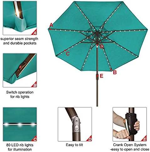 EliteShade USA 10-Year-Non-Fading 9ft Market Patio Umbrella, Commercial Grade Table Sun Umbrella with 80 Solar LED Lights, Crank Open, Windproof & UPF 50+ UV Protection for Garden, Deck, Pool, Backyard, Teal - Image 5