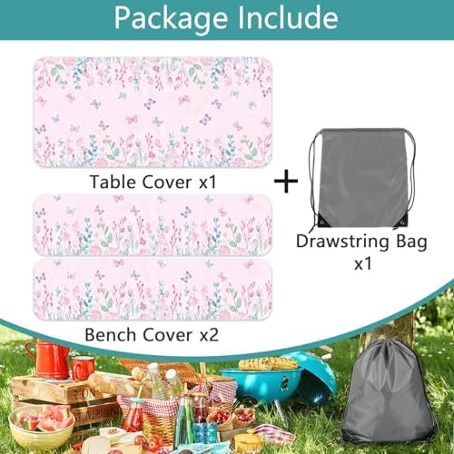 Butterfly Picnic Table Cover with Bench Covers, Camping Essentials, Flower Leaf Plant Waterproof Windproof Table Cover, Fitted Tablecloth Cover with Elastic Edge, for Indoor & Outdoor 3 PCS 30x96 Inch - Image 6