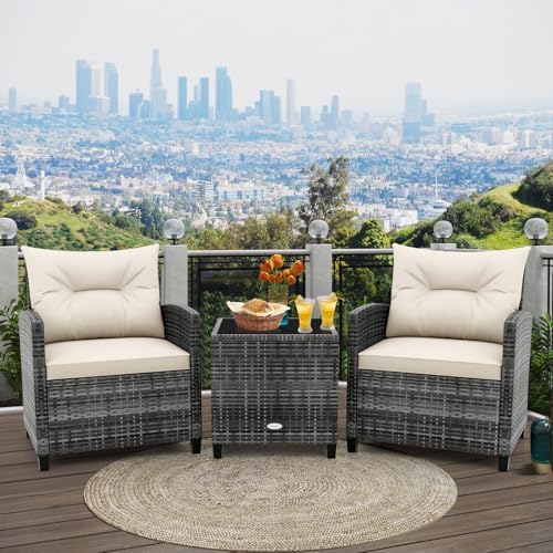 RELAX4LIFE 3 Piece Patio Furniture Set, Wicker Bistro Conversation Set w/2 Cushioned Armchairs & Glass Topped Table, Outdoor Rattan Sofa Set Patio Furniture for Porch Balcony Poolside (Grey-White) - Image 2
