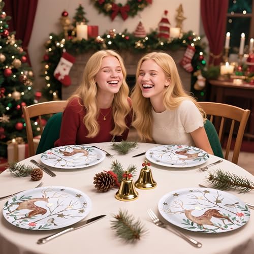 WRAPAHOLIC 25Pcs Christmas Paper Plates - 9 Inch Gold Foil Forest Reindeer Disposable Plates Decorative Dinner Plates for Christmas Party Tableware Supplies Table Decor - Image 7
