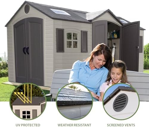 Lifetime 15×8 Ft Dual‑Entry Outdoor Storage Shed, Steel‑Reinforced, UV‑Protected, Weather‑Resistant Backyard Garden Shed with Skylights, Windows & Shelving, Desert Sand - Image 4