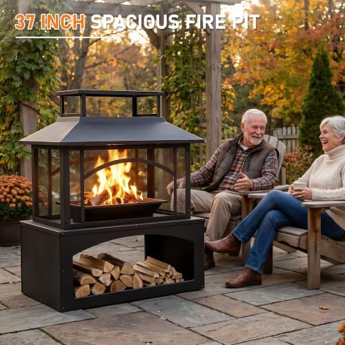 Aoxun 36" Outdoor Fire Pit with Wood Storage, Steel Wood Burning Fireplace with Mesh Spark Screen & Poker, Patio Heater with Removable Ash Pan for Backyard, Garden, Deck - Image 4