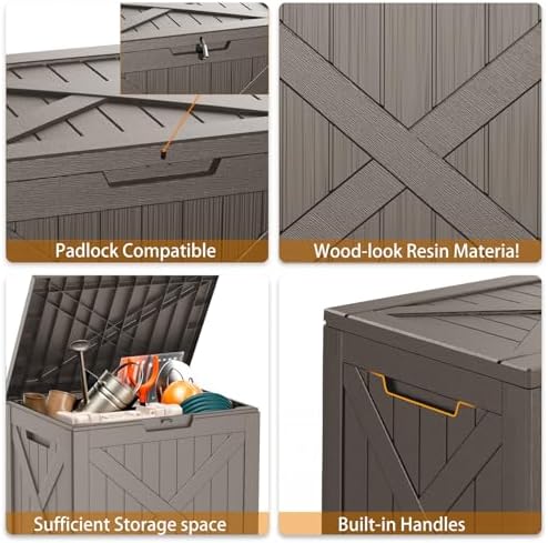 ROJIK 32 Gallon Outdoor Storage Housing Deck Box,Waterproof Patio Furniture, Garden Tools, Cushions, Pool Accessories Storage Bench with Lockable Lid and Side Handles(Grey) - Image 4