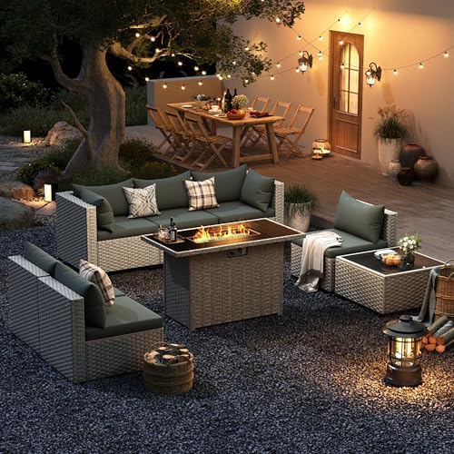 Outdoor Patio Furniture Set with Fire Pit 8 Pcs Wicker Sectional Sofa Green - Image 3