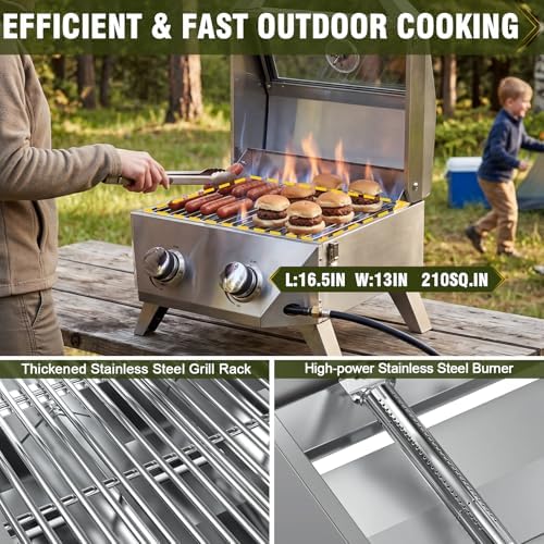 Bestfire 2-Burner Tabletop Gas Grill with Viewing Glass Lid, 20,000 BTU Stainless Steel Portable Propane BBQ Grill, Built-in Thermometer & Push-Button Ignition, for Outdoor Camping, RV, Tailgating - Image 6