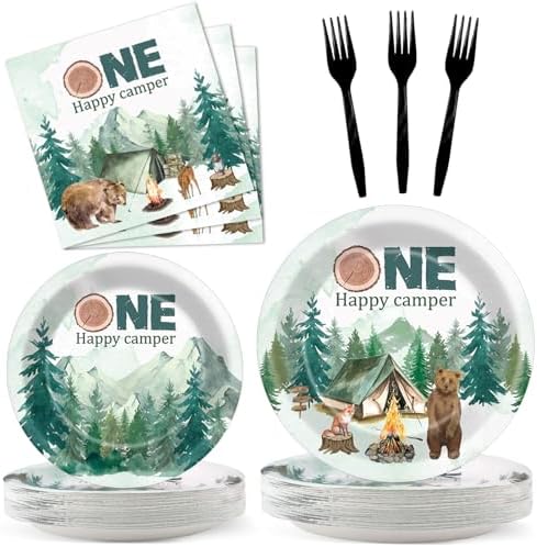 96Pcs One Happy Camper Birthday Decorations Camping 1st Plates and Napkins by Naozinebi