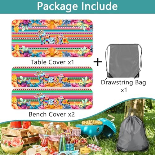 Mexican Fiesta Picnic Table Cover with Bench Covers, Cinco de Mayo Fiesta Waterproof Windproof, Camping Essentials, Fitted Tablecloth Cover with Elastic Edge, for Garden & Outdoor, 3 PCS, 30x96 Inch - Image 6